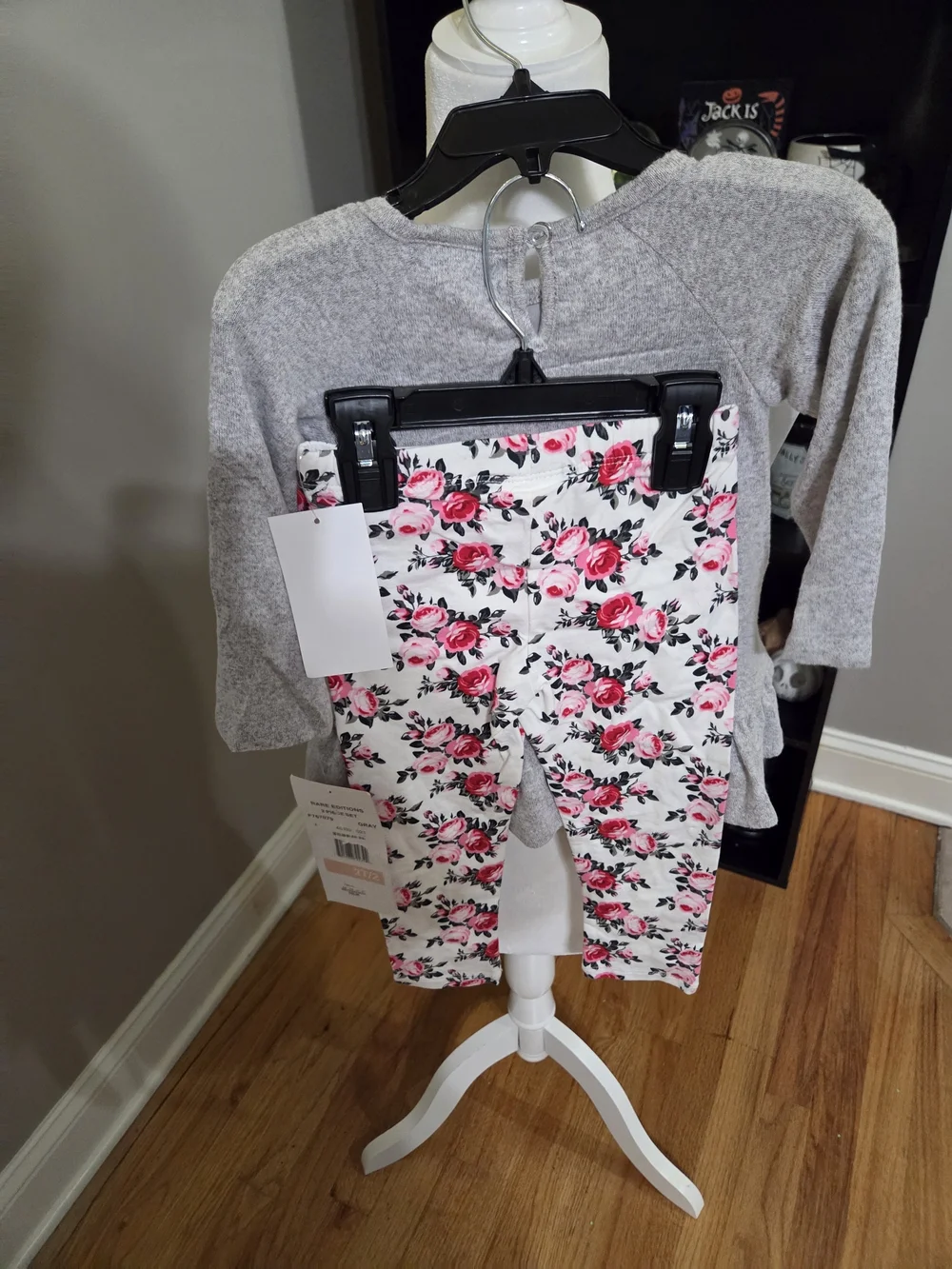 Rare Editions Gray Top with Pink Rose Embroidered Set